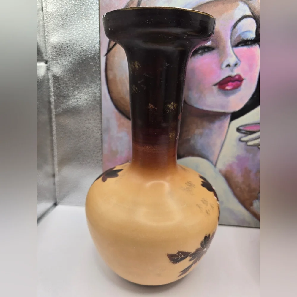 Antique Victorian Tan & Brown Floral Opaline Bristol Glass Pair of Vases